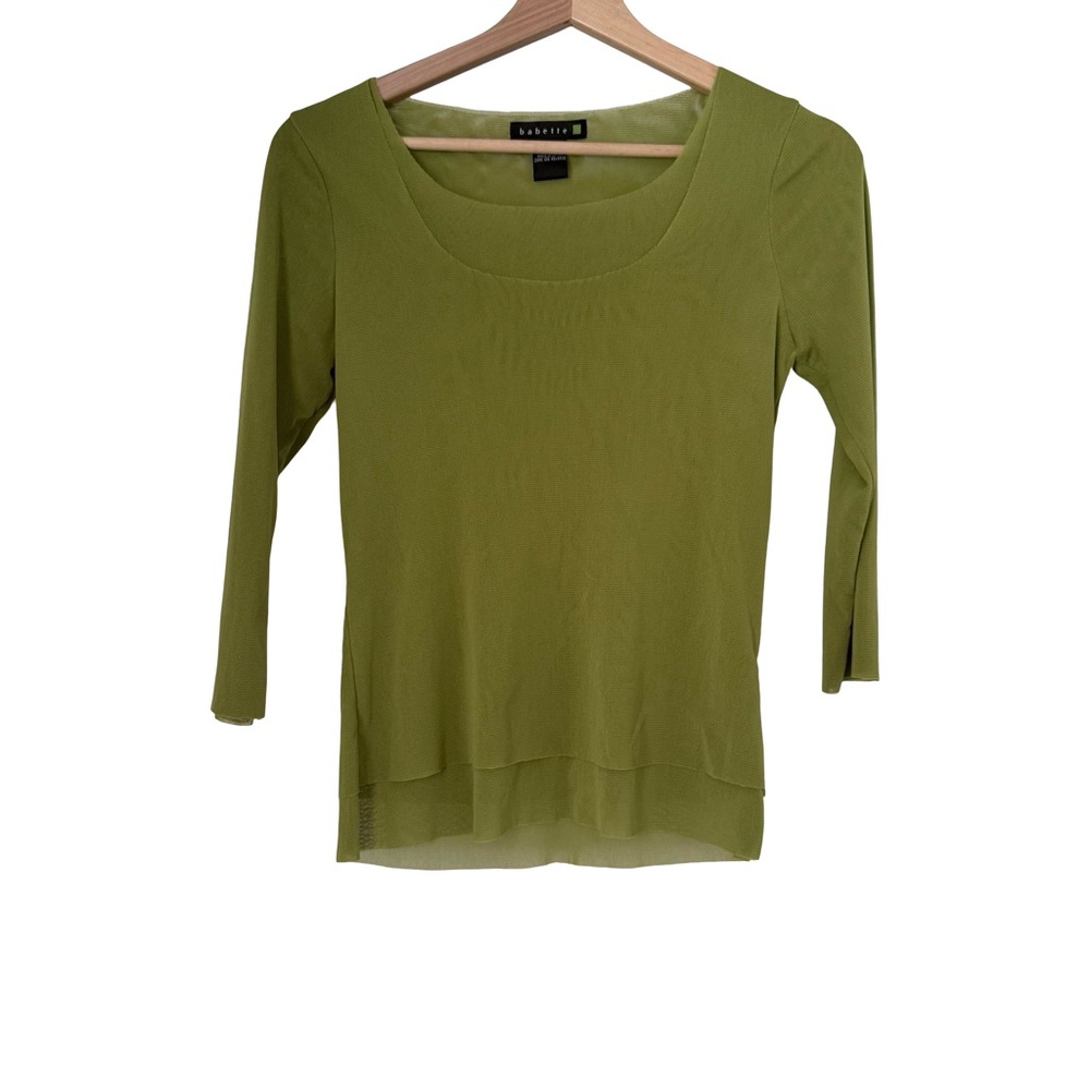 Babette Mesh Double Layer Semi-Sheer 3/4 Sleeve Top Sz XS Green